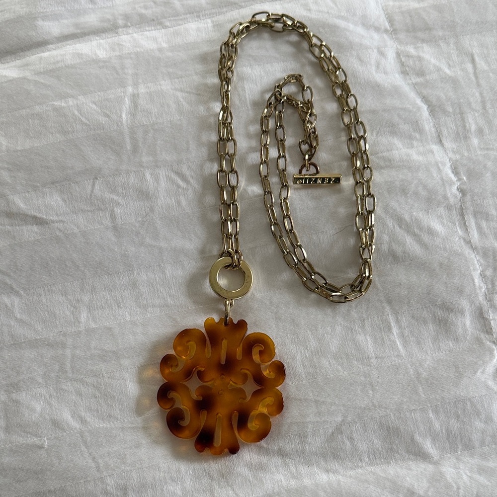 Chico's Gold Necklace with Tortoise Lucite Pendant. 18” chain.